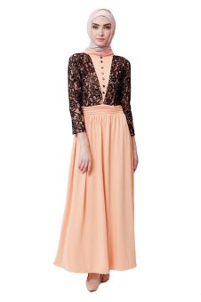 duapola Button Black Lace Gamis Maxi Dress - Orange Muda  