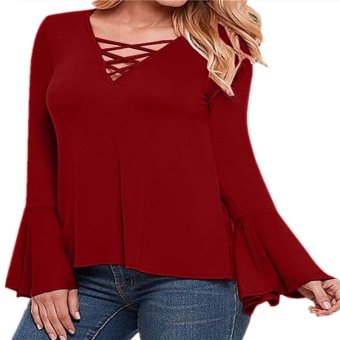 Elegant Blusas Women Blouses Sexy V Collar Long Sleeve Irregular Hem Shirt Lace Crochet Fold Casual Slim Solid Tops (Wine Red) - intl  