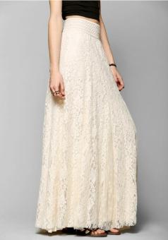 Elegant High Waist Maxi Lace Skirts A-Line Long Skirt (Beige)  