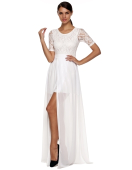 Elegant Ladies Lace Splice Side Split Long Maxi Dress Women High Waist Evening Party Dress White  