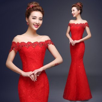 Elegant Long Train Women Evening Dresses Mermaid Red Lace-up Beads Crystal Prom Dress Chinese Qipao Cheongsam Gown MYF-001  