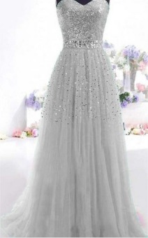 Elegant Strapless A-Line Tulle Evening Dress Sequins Long Prom Dresses Cocktail Party Dress (Gray) - intl  