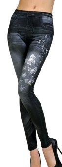 EOZY Fashion Women's Denim Butterfly Print Fake Jeans Seamless Full Length Fleece Lined Leggings Elastic Skinny Ankle Length Pants Tattoo Jean (Dark Blue) - intl  