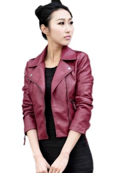 Eozy Kelepak PU Kulit Wanita Yang Trendi Sepeda Motor Jaket Pendek Wanita Fashion Gadis Kecilkan Lengan Baju Panjang Pakaian Kerah Mantel (Merah Anggur)  