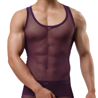 EOZY Korean Style Men's Waistcoat Sexy Male Sleeveless Slim Tight Ultra Thin Gauze Breathable Vest Tank Top Muscle Clothes (Purple) - intl  