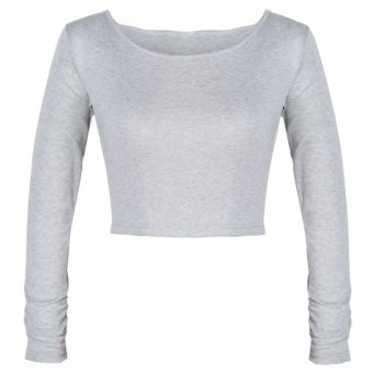 ETOP European Women Ladies Long Sleeve Crop Top Round Neck T Shirt Female Cropped Tops M-L (Light Gray)  