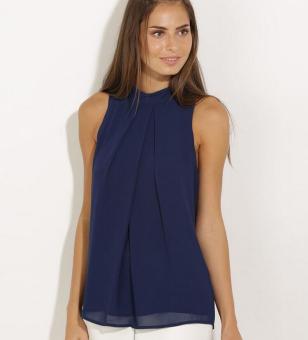 European Style New Women's Fashion Loose Stand Collar Double Layer Chiffon Halter Sleeveless Blouse Navy Blue - intl  