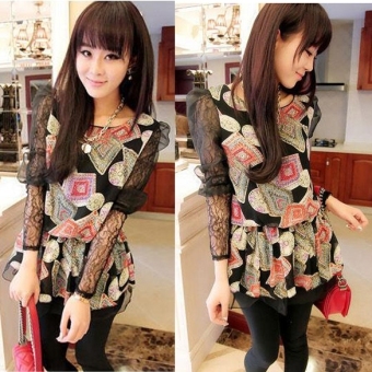 European Style Printed Chiffon Splicing Lace Sleeve Women round Neck Tops Dress Black - intl  