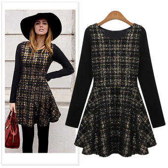 European Style Stitching Slim Round Neck Long Sleeved Plaid Dress Bottoming Skirt ( Black ) (Intl) - intl  