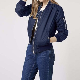 European Style Womens Retro Long Sleeve Coat Plus Size Chaquetas New O-Neck Short Zipper Slim Bomber Casual Jackets (Navy) - intl  