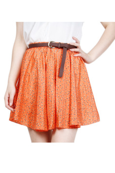 Fancyqube Fashion 4 Colors Pleated Floral Chiffon Women Ladies Cute Mini Skirt Belt Include Flower Printed Pattern Pleated Short Orange  