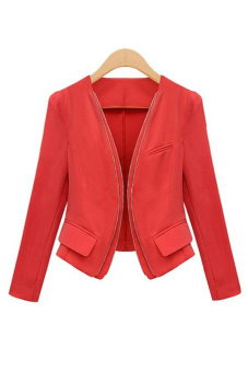 Fancyqube Fashion Wild Double No Buckle Zipper Asymmetric Pinched Waist Small Blazer With Shoulder Pad Red  