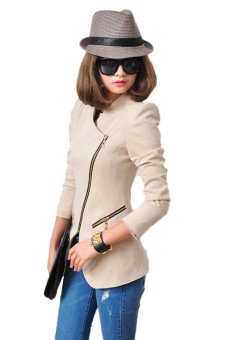 Fancyqube New Hot Fashion Women Coat Solid Lapel Women Slim Lapel Oblique Zipper Shrug Long Sleeve Coat Apricot  