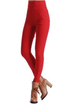 Fancyqube Women High Waist Pants Stretch Pencil Slim Fit Skinny Jeans Red  
