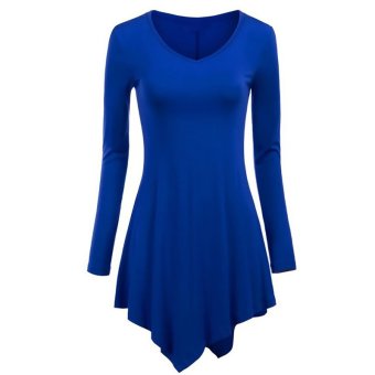 Fancyqube Women V-collar Irregular Hem Full Sleeve Dress Blue  