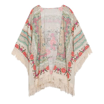 Fang Fang Women Fringe Floral Kimono Cardigan Tassels Beach Cover Up Cape Jacket (Colorful)  