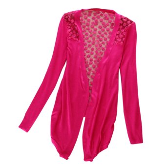 Fang Fang Women Sweet Floral Hollow Back Knitting Cardigan Sweater (Hot Pink)  