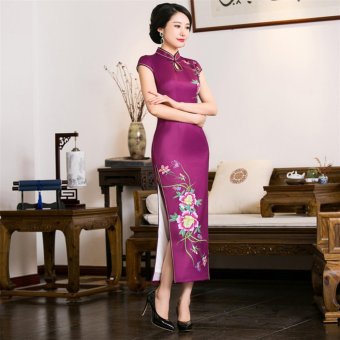Fashion Chinese Style Women's Maxi Dresses Short Sleeves Long Section Cheongsam (Purple-100) - intl  