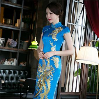 Fashion Chinese Traditional Phoenix Embroidery Wedding Pleuche Cheongsam Short Sleeve Long Qipao Dress - intl  