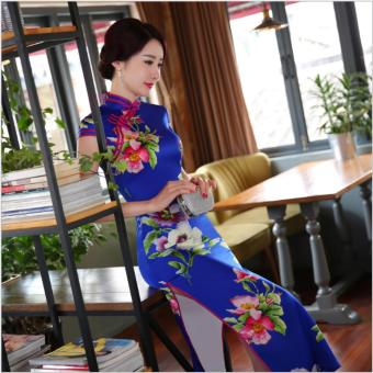 Fashion Chinese Traditional Slim Silk Print Cheongsam Dress Short Sleeve Long Qipao Wedding Party Dress - intl  