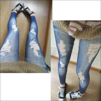 Fashion False Hole Ninth Pant Imitation Jeans Leggings Pencil Pants Blue- Intl  