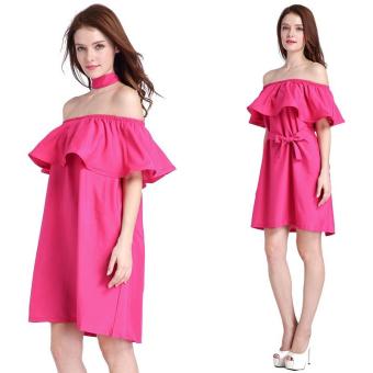 Fashion Flounced Skirt Lotus Off Shoulder Dress Loose Rose Red - intl  