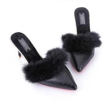 Fashion Fur Synthetic Leather Mules Sandals Kitten Heels Pumps Shoes for Women Black - intl  