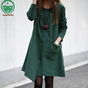 Fashion Green Pregnant Women Dress Spring and Autumn Maternity Clothes Casual Loose Long Sleeve Dress Cotton Irregular Maternity Dress BB127 - intl  