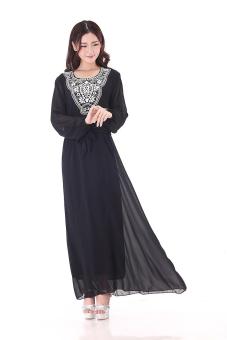 Fashion hui nationality women chiffon robes Muslim Arab long-sleeved dresses - Black - intl  