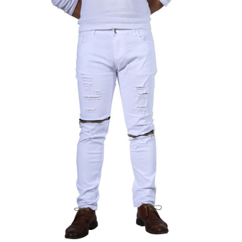 Fashion Jeans Denim Celana Pelangsing Pria Pengendara Sepeda Motor (Putih)  