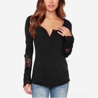 Fashion Ladies Women Sexy Long Sleeve Lace Patchwork T-shirt Casual Basic Slim Tops-black-S  