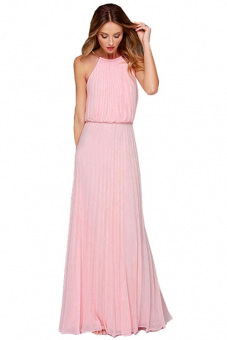 Fashion Ladies Women Sleeveless Elastic High Waist Pure Color Slim Party Beach Maxi Long Chiffon Dress S-XL (Pink) - intl  