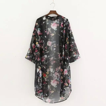 Fashion Lady Women 3/4 Sleeve Front Open Neck Floral Asymmetric Hem Loose Chiffon Blouse  