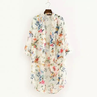 Fashion Lady Women 3/4 Sleeve Front Open Neck Floral Asymmetric Hem Loose Chiffon Blouse - intl  