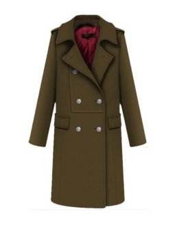 Fashion Long Turn-down Collar Double-breasted Woolen Coat Army Green  