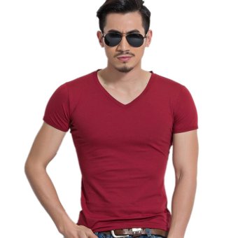 Fashion Men V Neck Muscle Short Sleeve Slim Fit Shirts T-shirt Fitness Tops Tees Red - Intl  