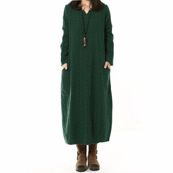 Fashion New 2016 Autumn Vintage Dress Women Cotton+Linen Dress Long Sleeve Long Maxi Dresses Plus Size S-5XL Vestidos Green - intl  