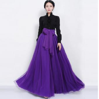 Fashion New High Waist Mesh Pleated Skirts A-Line Long Skirts with Belt (Purple) - intl  