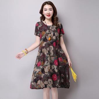 Fashion New Women's Retro Cotton and Linen Printing Short-sleeved Midi Dress-Brown - intl  