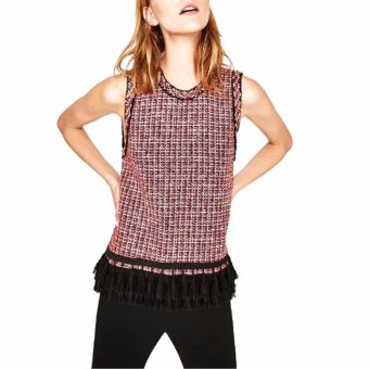 Fashion Plaid Weave Tassel Fringe Hem Patchwork T-Shirt O-Neck Pullover Sleeveless Casual Slim Women Tee Tops Brand - intl  