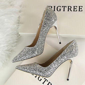Fashion Sequins High-Heeled Shoes Thin Heels Woman Pumps Pointed Toe High Heels Sexy Women Shoes Closed Toe Ladies Wedding Shoes  