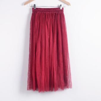 Fashion Skirt Ladies Elegant Casual High Waist Pleated Skirt Long Tulle Skirts Straight Skirts Solid Mesh Skater Skirt (Red) - intl  
