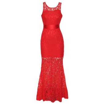 Fashion sleeveless Hollow lace dress Two-piece women slim long dress (Red) - intl  