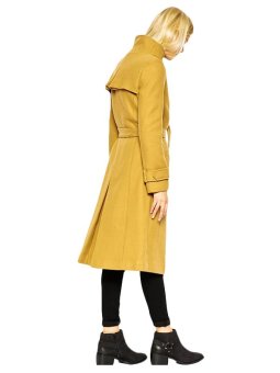 Fashion Stand Collar Long Trench Coat With Sash Yellow  
