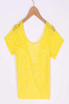 Fashion Summer Women Short Sleeve O-Neck Lace Crochet Blouse Tops Casual Wear (Yellow) - intl  