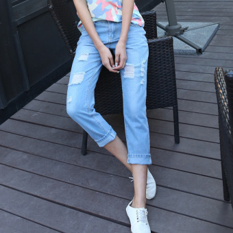 Fashion Women Denim Pants straight Distressed Ripped Jeans Pencil Ankle Trousers -light blue - Intl  