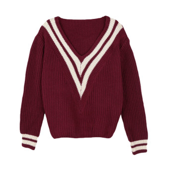 Fashion Women Knitted Sweater Deep V Neck Contrast Stripe Long Sleeve Pullover Weave Knitwear - Intl  