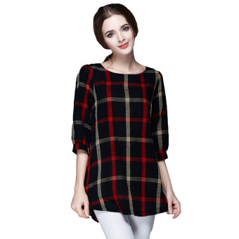 Fashion Women Ladies Blouse Plaid Print O Neck 3/4 Sleeve Plus Size Casual Loose Vintage Shirt Tops Red - intl  