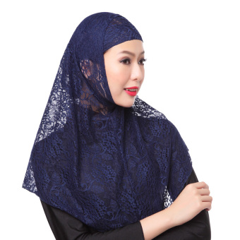 Fashion Women Muslim Two Piece Set Lace Full Cover Hijab Scarf - Navy Blue - intl  