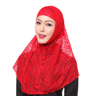 Fashion Women Muslim Two Piece Set Lace Full Cover Hijab Scarf - Red - intl  